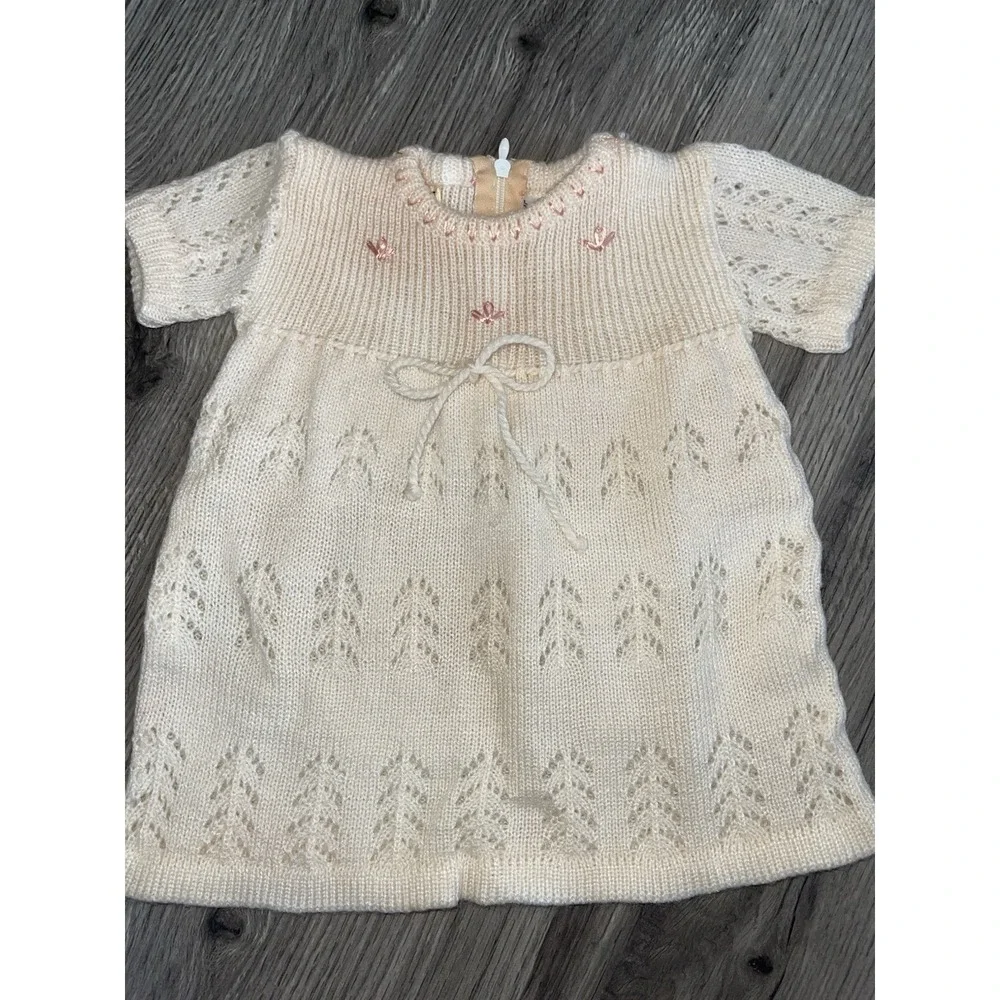 Vintage Neiman Marcus Made In Spain Knit/crochet Baby Dress, Sweater & Bonnet‎